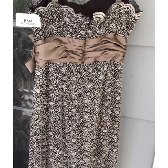 New R & M RICHARDS 6P Brown Gold Sleeveless Lace Satan Bow Dress New Gown Formal - Picture 7 of 10